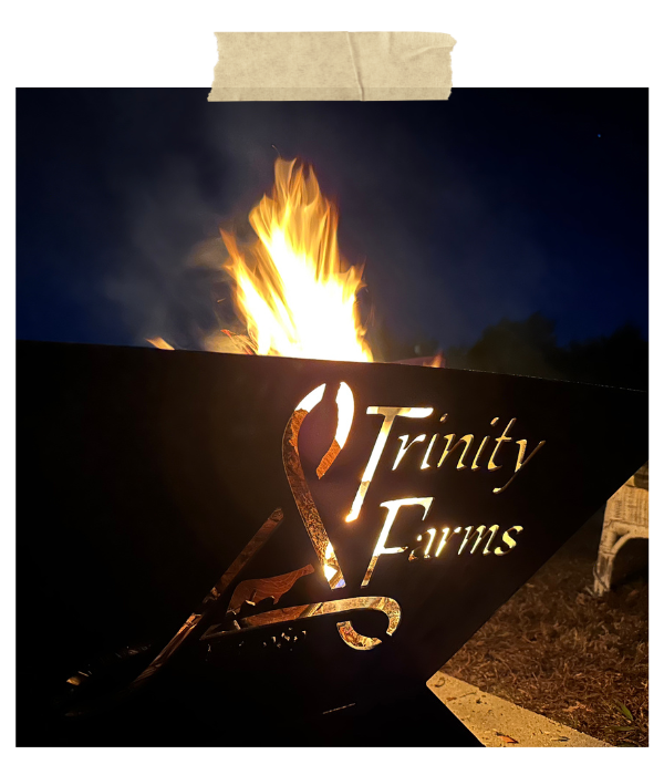 Fire pit with Trinity Farms logo 